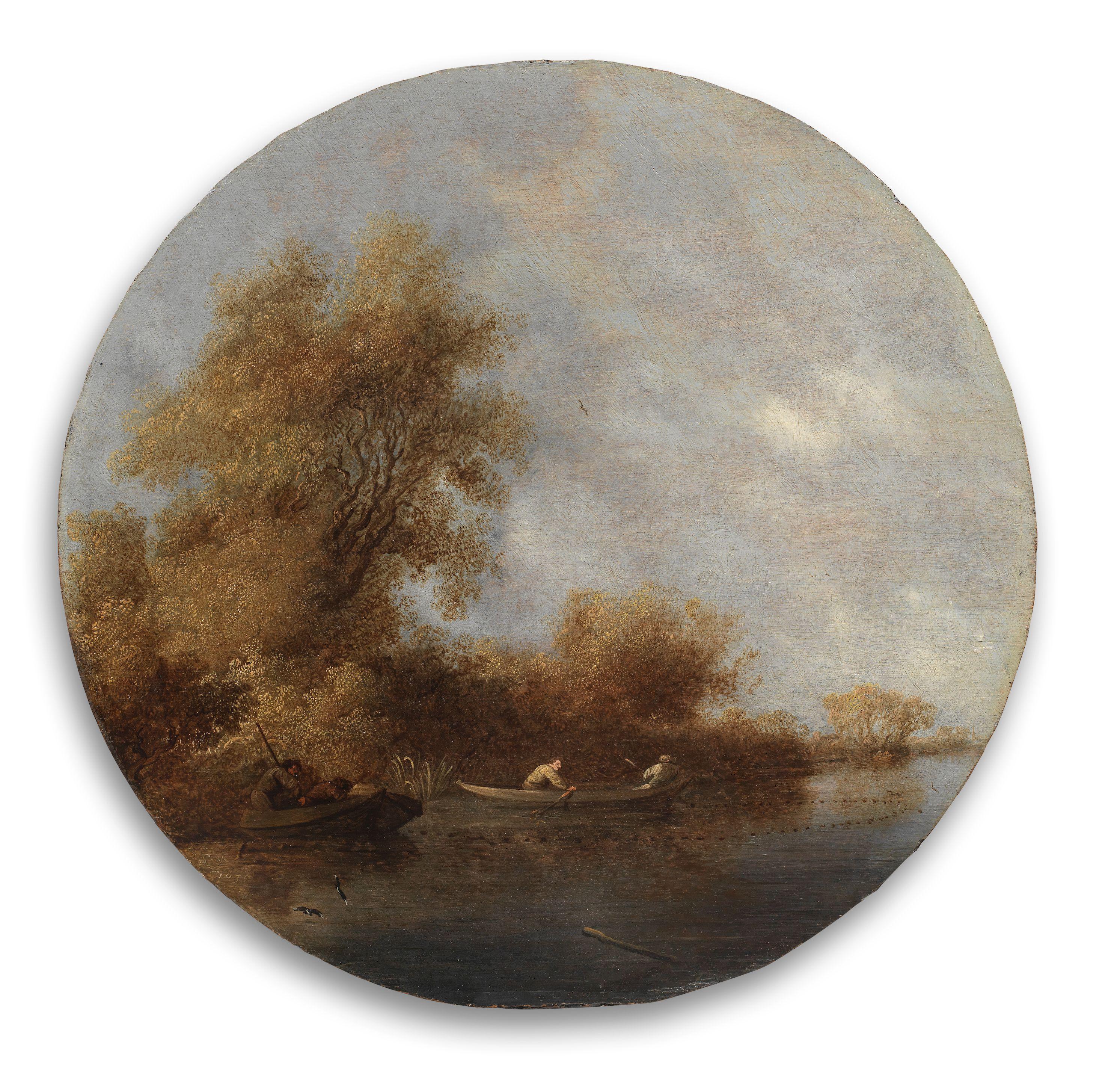 Salomon van Ruysdael - A river landscape, with figures in boats casting a fishing net 38.2cm (15 1/16in). diameter