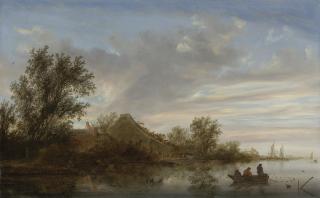 Salomon Van Ruysdael - A River Landscape With Fishermen In Rowing Boats And Peasants By A Landing Stage Near A Farmhouse, Shipping Beyond