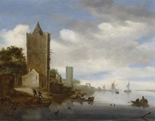 Salomon van Ruysdael - A river landscape with fishermen, with a view of the Plompetoren, Utrecht