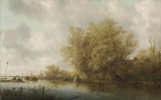 Salomon van Ruysdael - A river landscape with sportsmen duck shooting from a boat