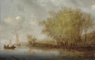 Salomon Van Ruysdael - A river landscape with sportsmen shooting duck from a boat