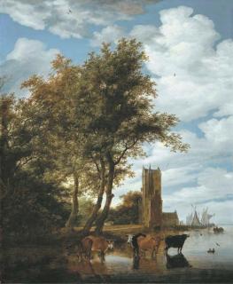 Salomon Van Ruysdael - A river landscape with the Pellecussenpoort near Utrecht, five cattle wading in the foreground and boats moored at the tower beyond