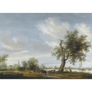 Salomon Van Ruysdael - A River Landscape With Travellers And Herders On A Path, A Church Beyond
