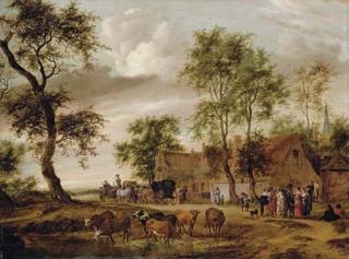 Salomon van Ruysdael - A village landscape with carriages outside an inn, peasants conversing on a path and cattle watering