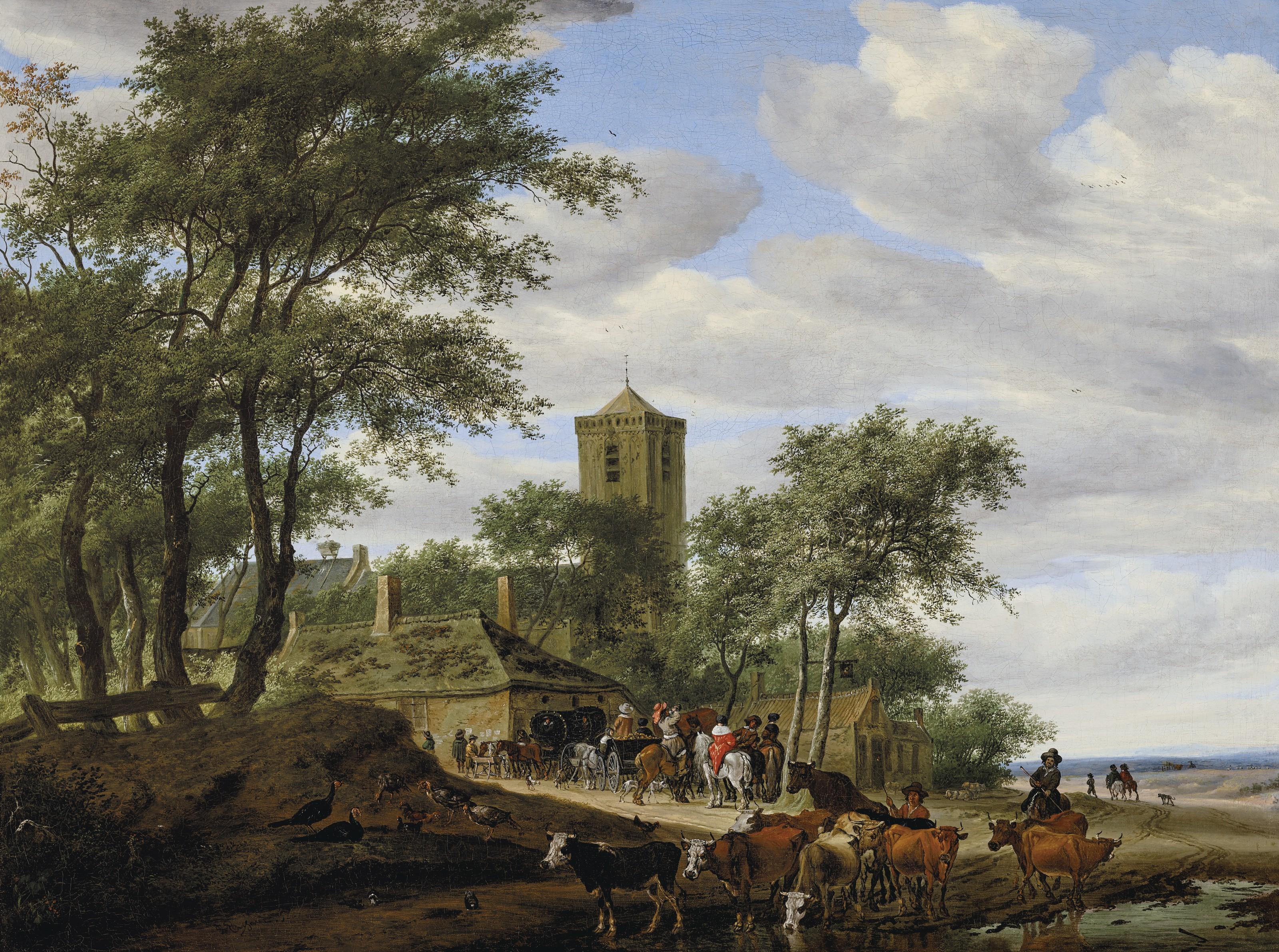 Salomon Van Ruysdael - A village landscape with travelers resting near a stream