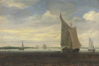 Salomon Van Ruysdael - A Wijdship And Other Small Dutch Vessels On An Estuary, A Church Beyond