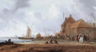 Salomon van Ruysdael - A winter landscape with figures playing \'Drawing the Eel\' before an inn