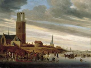 Salomon Van Ruysdael - A Winter Landscape With Sledges On A Frozen River A Village Beyond