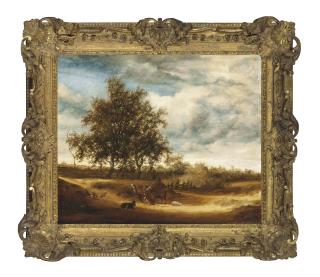 Salomon van Ruysdael - A wooded landscape with a milkmaid on a path with cattle and sheep, a town and a windmill beyond