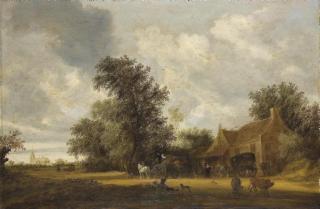 Salomon Van Ruysdael - A Wooded Landscape With Cattle, Carriages On A Track And An Inn, A Church Beyond