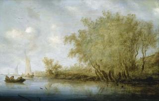 Salomon Van Ruysdael - A wooded river landscape with duck hunters in the foreground and sailing boats beyond