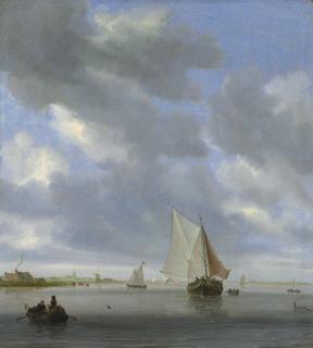 Salomon Van Ruysdael - An estuary with a ferry and other vessels, a church and windmill beyond