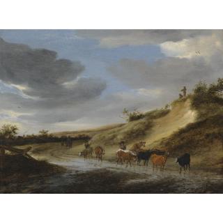 Salomon Van Ruysdael - An Extensive Landscape With Cattle And Their Herdsmen Following A Partly Flooded Country Road