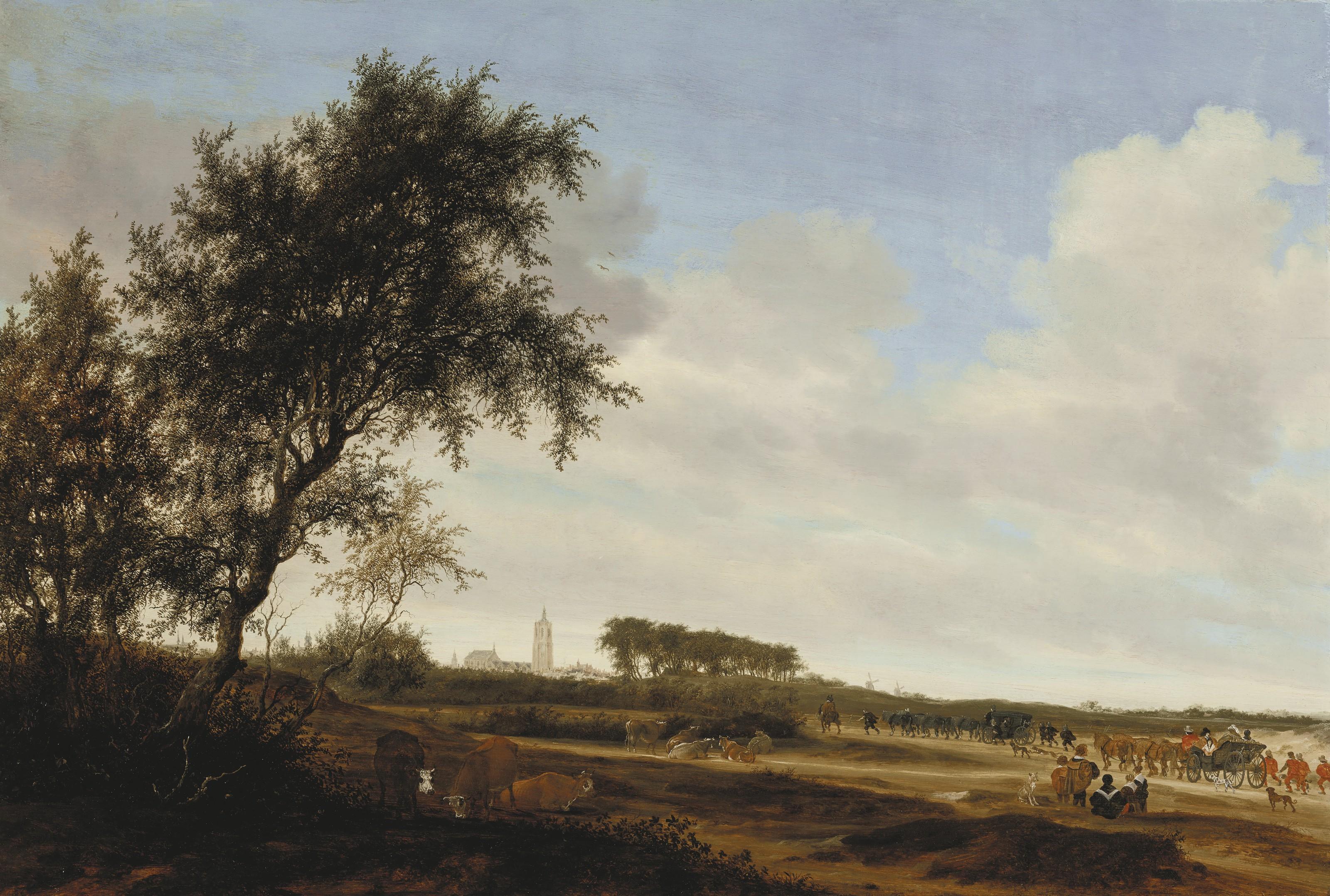 Salomon Van Ruysdael - An extensive landscape with the state carriages of Prince Willem II and Amalia von Solms and the Grote Kerk in The Hague in the distance