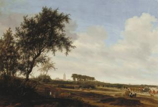 Salomon Van Ruysdael - An extensive landscape with the state carriages of Prince Willem II and Amalia von Solms and the Grote Kerk in The Hague in the distance