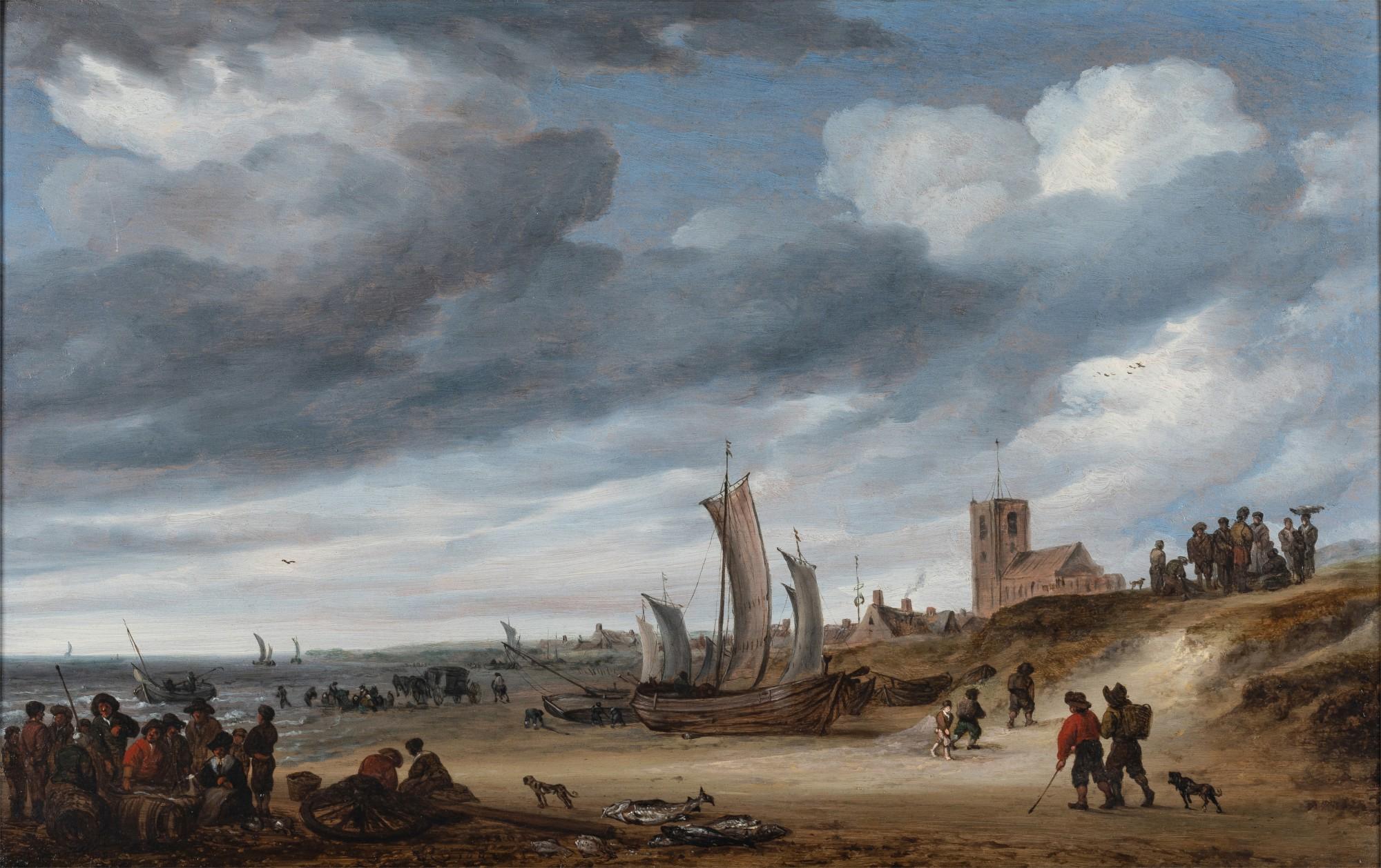 Salomon van Ruysdael - Fishermen on the beach at Egmond-aan-Zee, with boats, figures and their catch on the shore