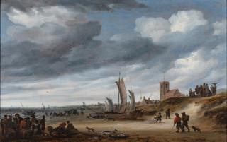 Salomon van Ruysdael - Fishermen on the beach at Egmond-aan-Zee, with boats, figures and their catch on the shore