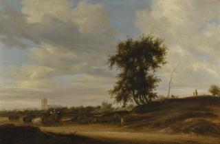 Salomon Van Ruysdael - Landscape With Wagons On A Sandy Road With Other Travellers And Cows, A Church Beyond