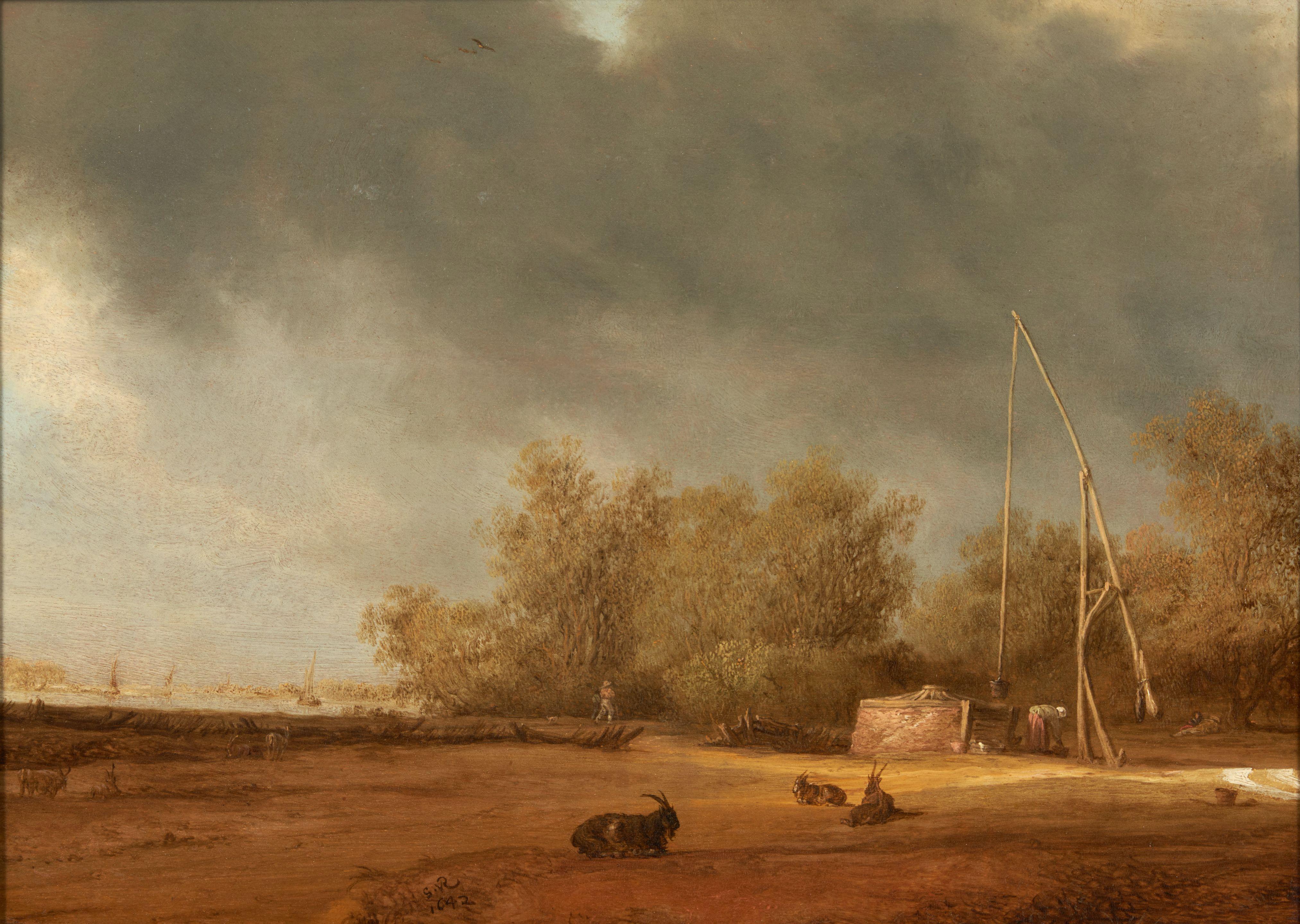 Salomon van Ruysdael - Livestock and Figures by a Well framed 43.5 x 55.8 x 4.5 cm (17 1/8 x 21 15/16 x 1 3/4 in).