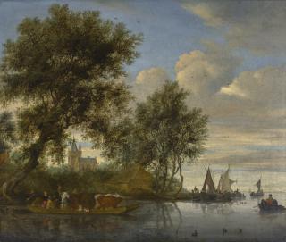 Salomon Van Ruysdael - River Landscape With Animals And Figures In A Ferry, A Church Tower And Sailing Boats Beyond