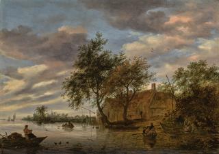Salomon Van Ruysdael - River Landscape With Figures In Rowing Boats, And Fishermen Hauling A Net In The Foreground