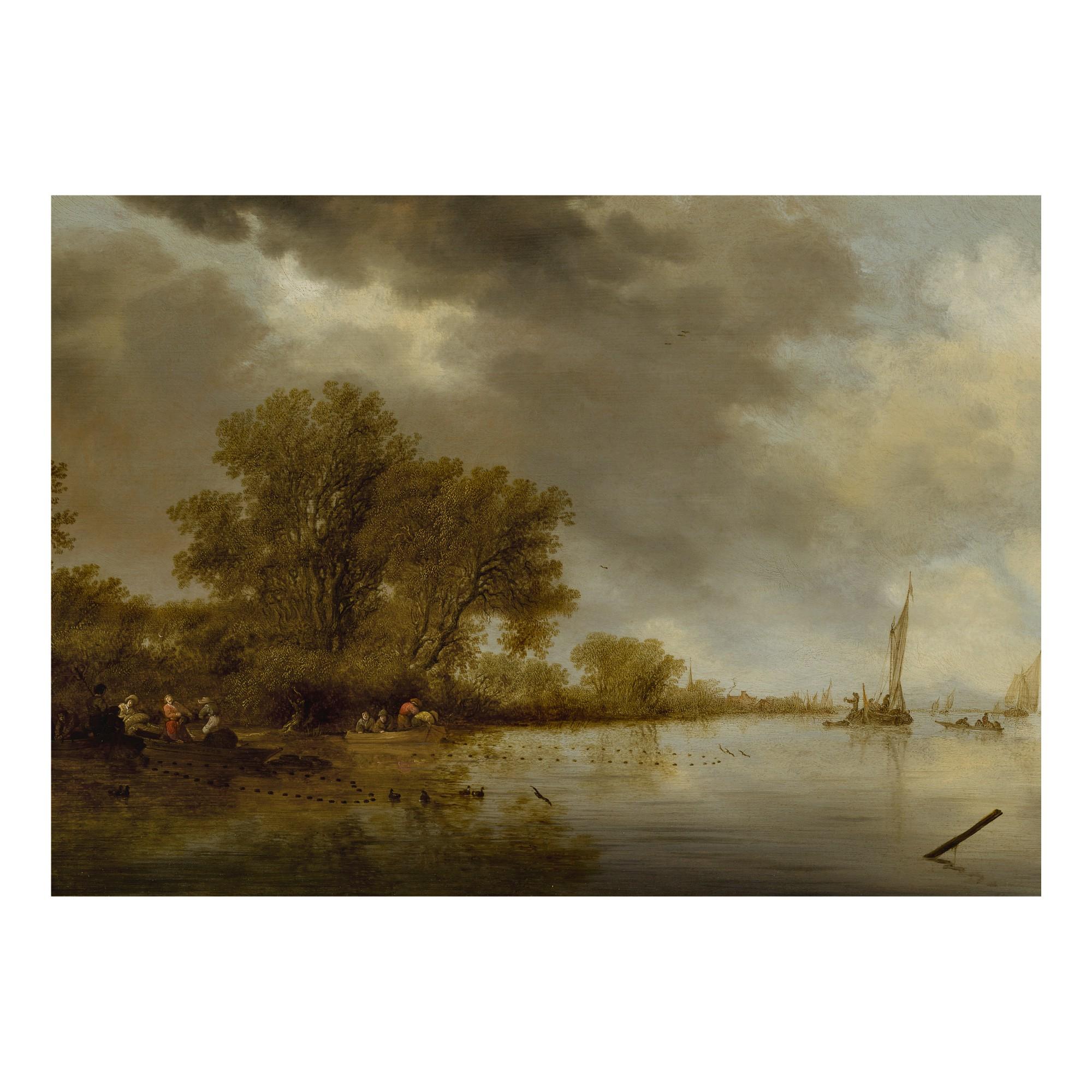 Salomon Van Ruysdael - River landscape with fishermen tending their nets along a bank