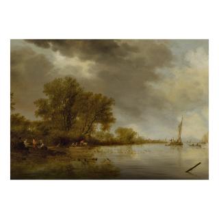 Salomon Van Ruysdael - River landscape with fishermen tending their nets along a bank