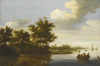 Salomon Van Ruysdael - River Landscape With Trees Overhanging The Bank, Four Figures In A Rowing Boat And A Distant Cathedral
