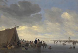 Salomon Van Ruysdael - Skaters On The Frozen River Lek, The Town Of Vianen Beyond