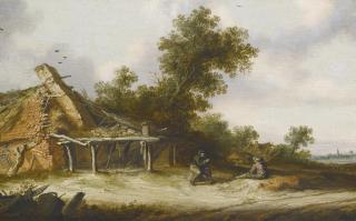 Salomon Van Ruysdael - Two Seated Travellers Conversing Beside A Sandy Road In Front Of A Ruined Barn, A Town With A Church Spire In The Distance