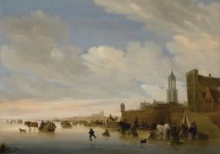 Salomon van Ruysdael - Winter Landscape With Figures Skating And Sleigh-Riding Outside A Town, With The Utrecht Dom And Huis Groenewoude At Right