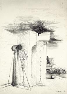 Salvador Dalí - Étude d’architecture avec port à l’arrière-plan