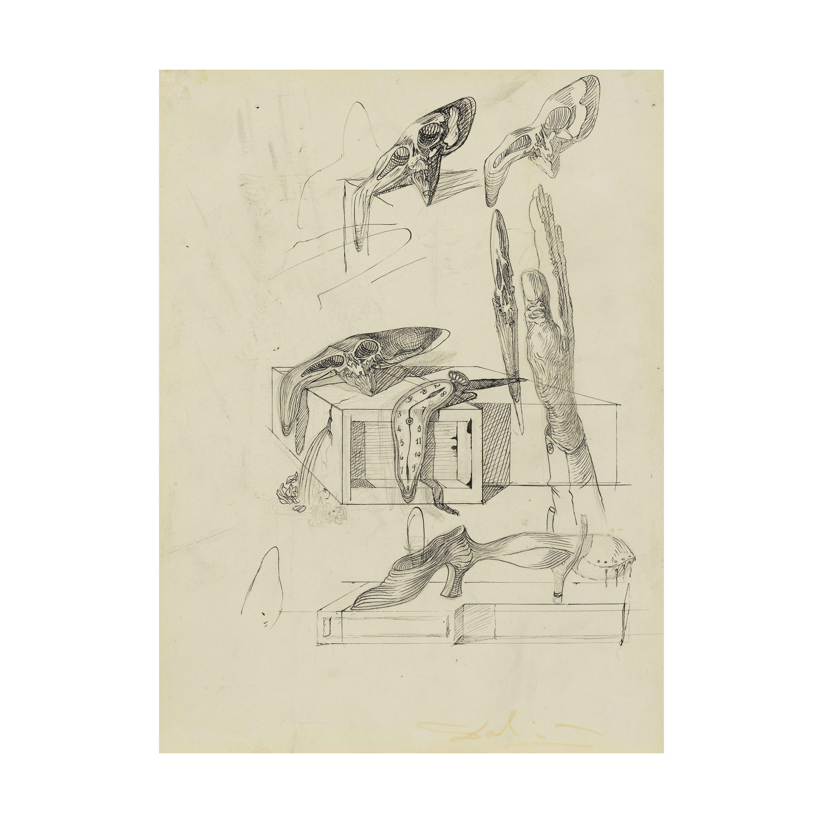 Salvador Dalí - Étude de crânes, montre molle, fontaine, soulier et main