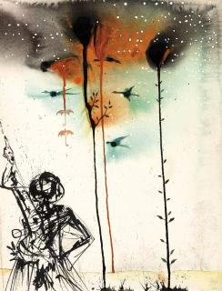 Salvador Dalí - Figure Noire D\'Arabe, Arbres Parapluies Et Faisans