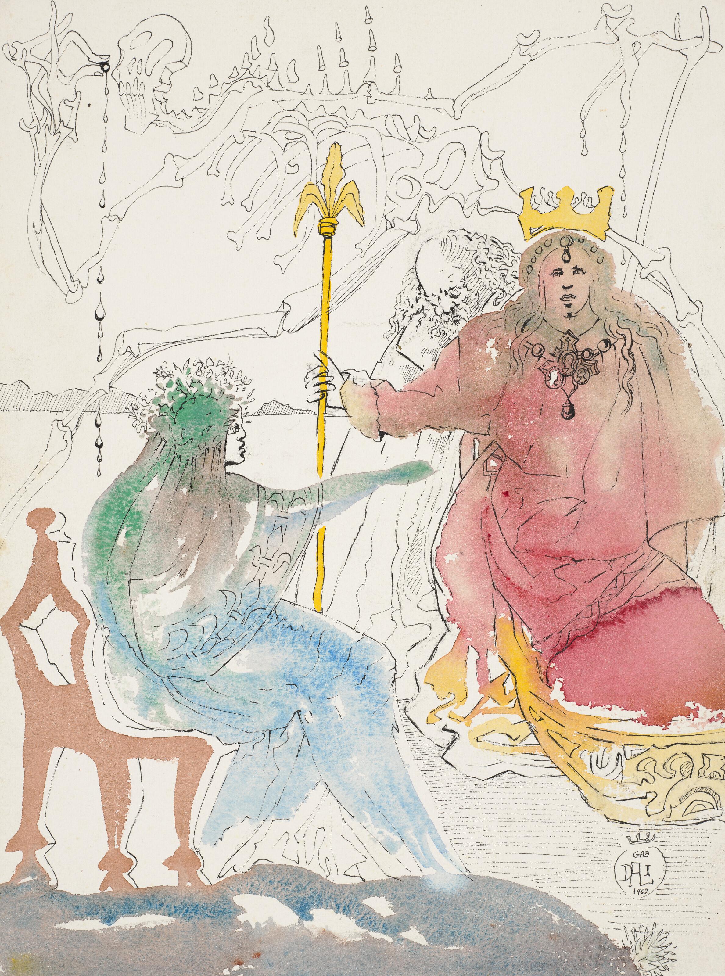 Salvador Dalí - Ophélia, le roi Claudius et Polonius et le spectre du roi Hamlet, le père mort en fond, révélation de la folie du fils Hamlet (Acte II, scènes 1 et 2)