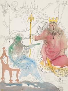 Salvador Dalí - Ophélia, le roi Claudius et Polonius et le spectre du roi Hamlet, le père mort en fond, révélation de la folie du fils Hamlet (Acte II, scènes 1 et 2)