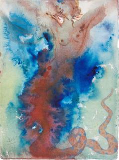 Salvador Dalí - Sans titre, nu féminin avec tête d\'oiseau et serpent or Serpente uccelo che becca donna nuda su sfondo bleu (Oiseau serpent picorant une femme nue sur fond bleu)