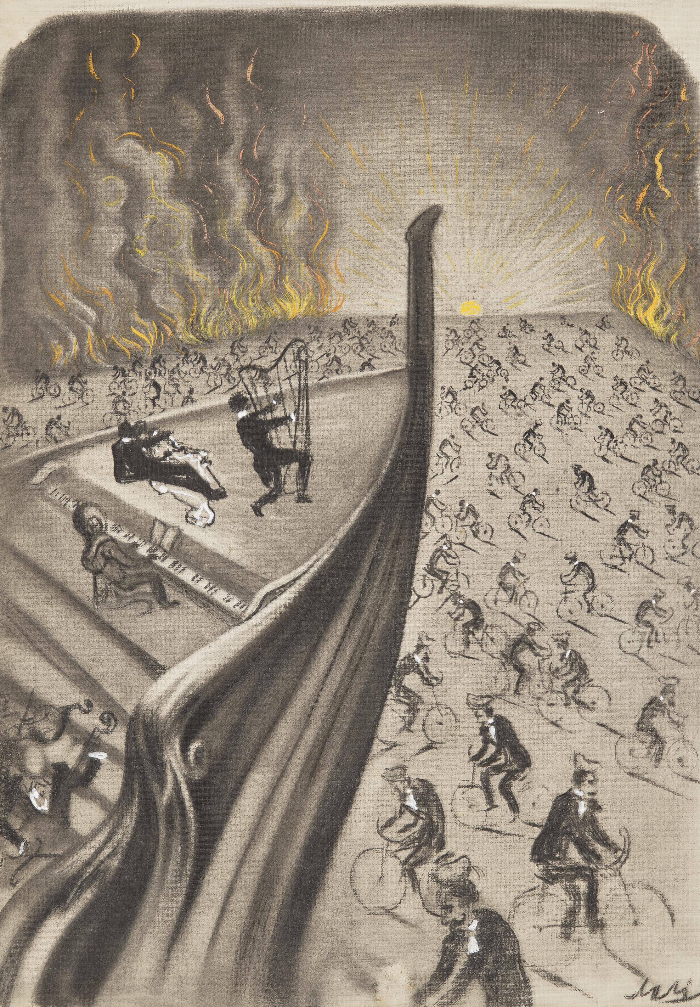 Salvador Dalí - Surrealist Gondola above Burning Bicycles (Drawing for a Film Project with the Marx Brothers)