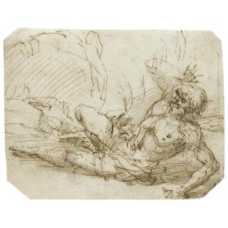 Salvator Rosa - A Bearded Man Sprawled On The Ground With His Right Arm Raised