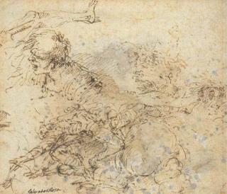 Salvator Rosa - A figure falling from a horse and studies of heads