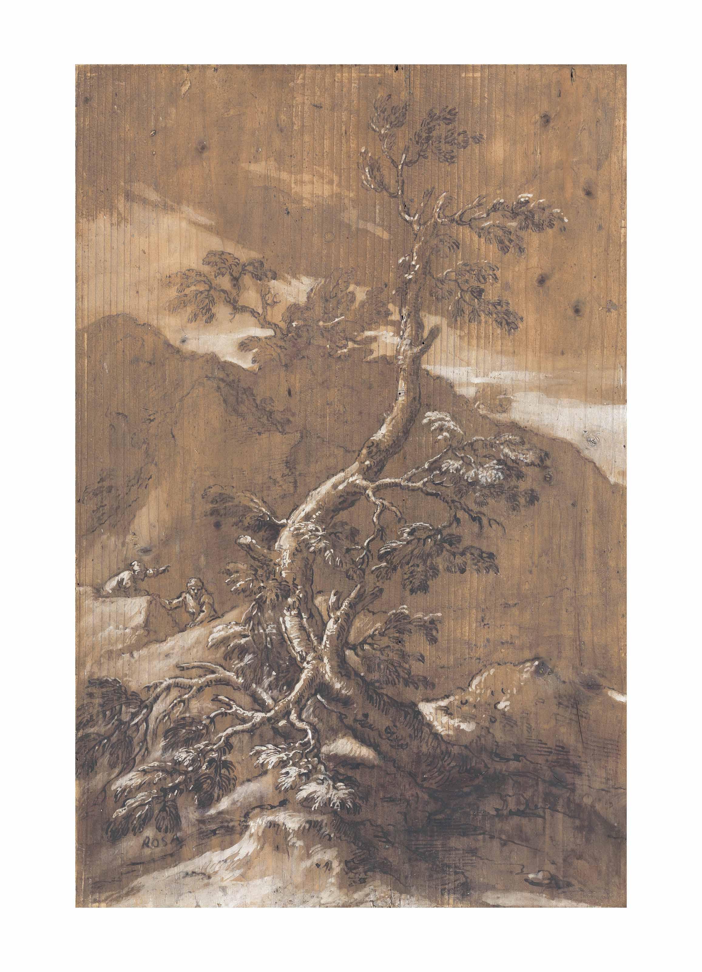 Salvator Rosa - A rocky landscape with a tree and two figures