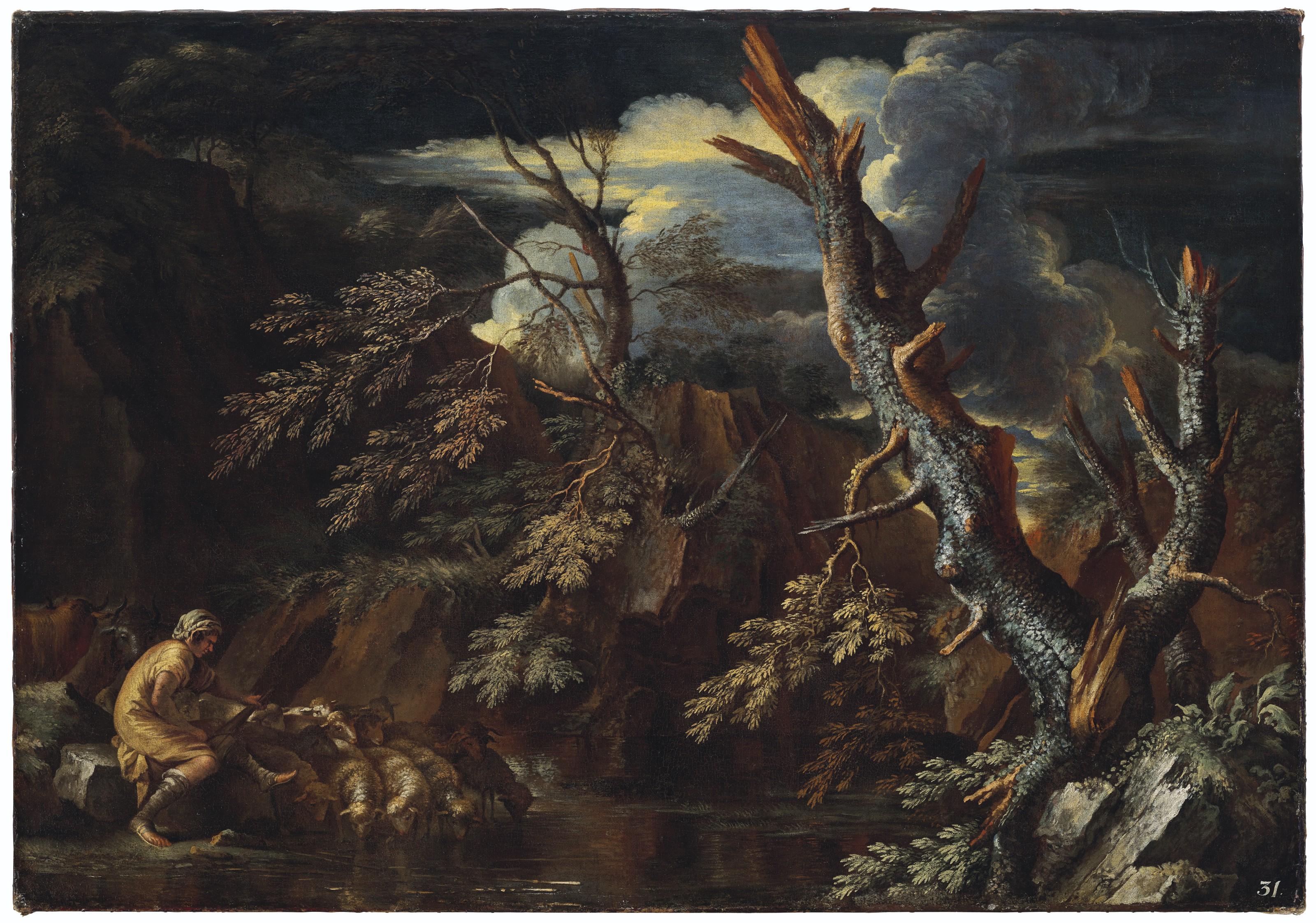 Salvator Rosa - A rocky wooded landscape with Jacob watering Laban\'s Flock