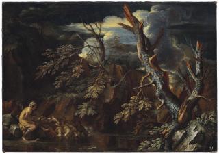 Salvator Rosa - A rocky wooded landscape with Jacob watering Laban\'s Flock