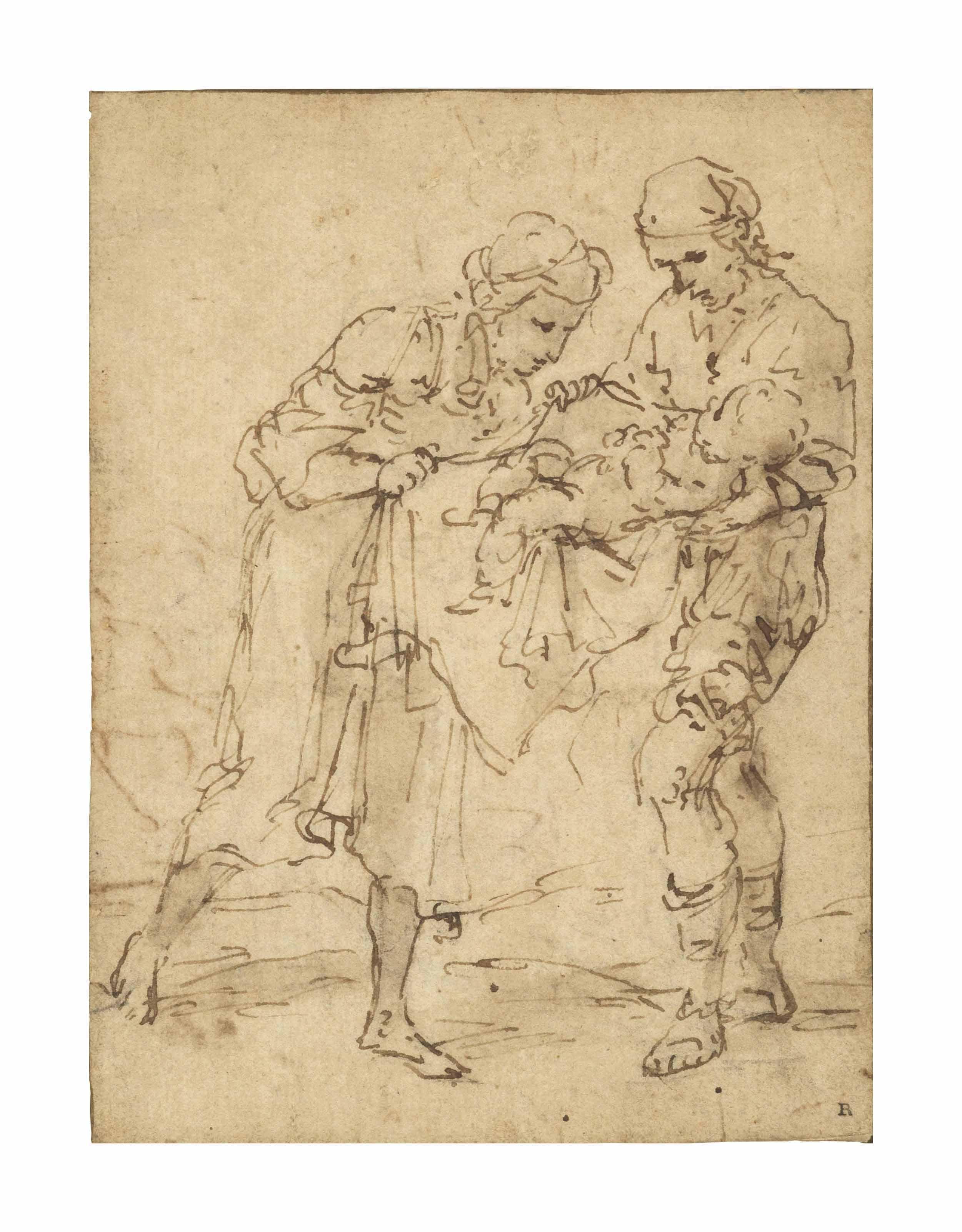 Salvator Rosa - A woman looking at an infant held by a man