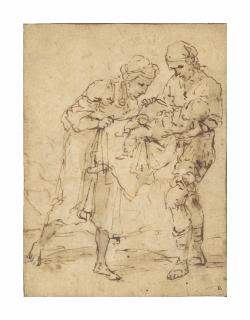 Salvator Rosa - A woman looking at an infant held by a man