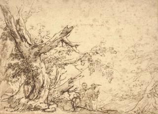 Salvator Rosa - A wooded landscape with travellers on a path