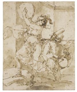 Salvator Rosa - A Young Woman Wearing A Mask, Dancing And Playing A Tambourine, Watched By Two Punchinelli, One Beating A Drum, The Other Holding A Flag