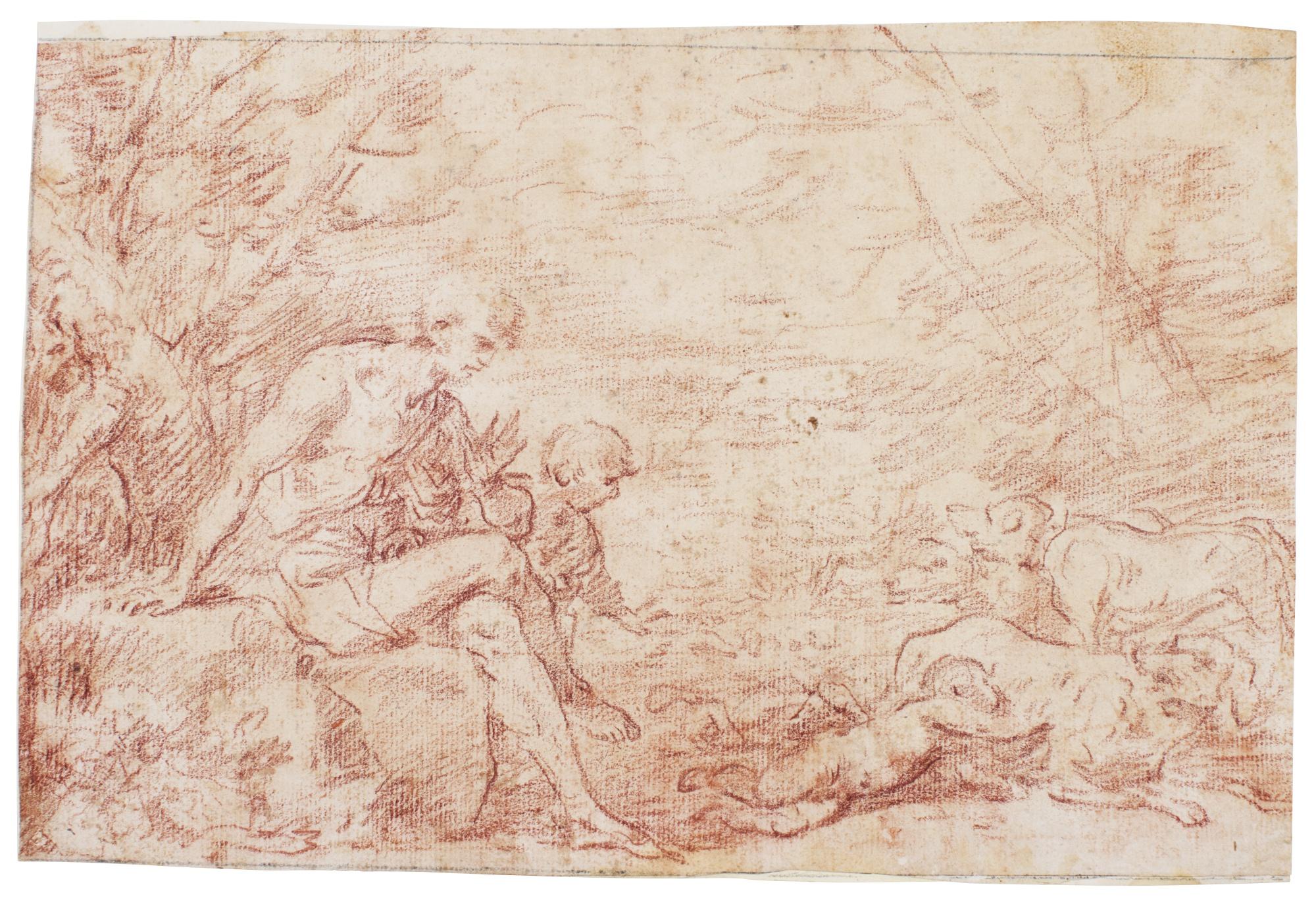 Salvator Rosa - An Animal Nursing A Child While A Second Child And A Seated Man Look On, Possibly A Scene From The Lives Of Romulus And Remus