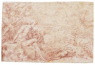 Salvator Rosa - An Animal Nursing A Child While A Second Child And A Seated Man Look On, Possibly A Scene From The Lives Of Romulus And Remus