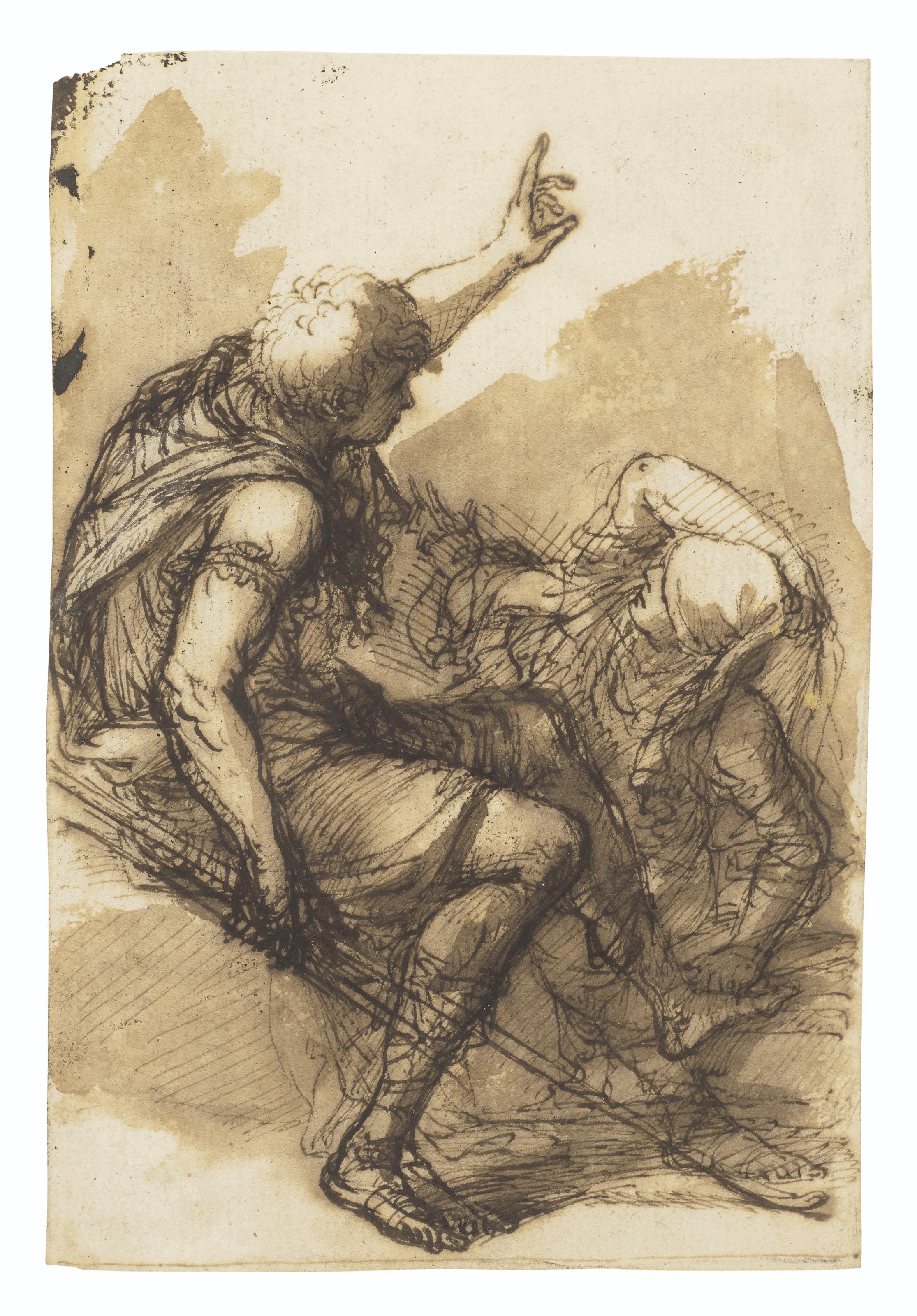 Salvator Rosa - Two figures, one reclining, the other pointing upwards